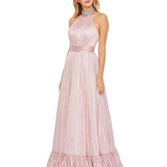 Mac Duggal Blush Pink Halter Rhinestone Neckline Pleated Pattern Gown